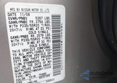 2010 Nissan Murano Le из США, поврежденный, VIN JN8AZ1MW3AW112034